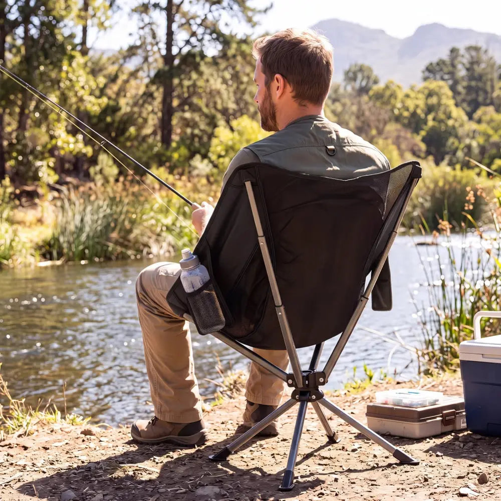 360° Swivel Camping Chair with Cup Holder and Side Pocket for Beach Support 300 LBS-Black - Black - Camping Furniture