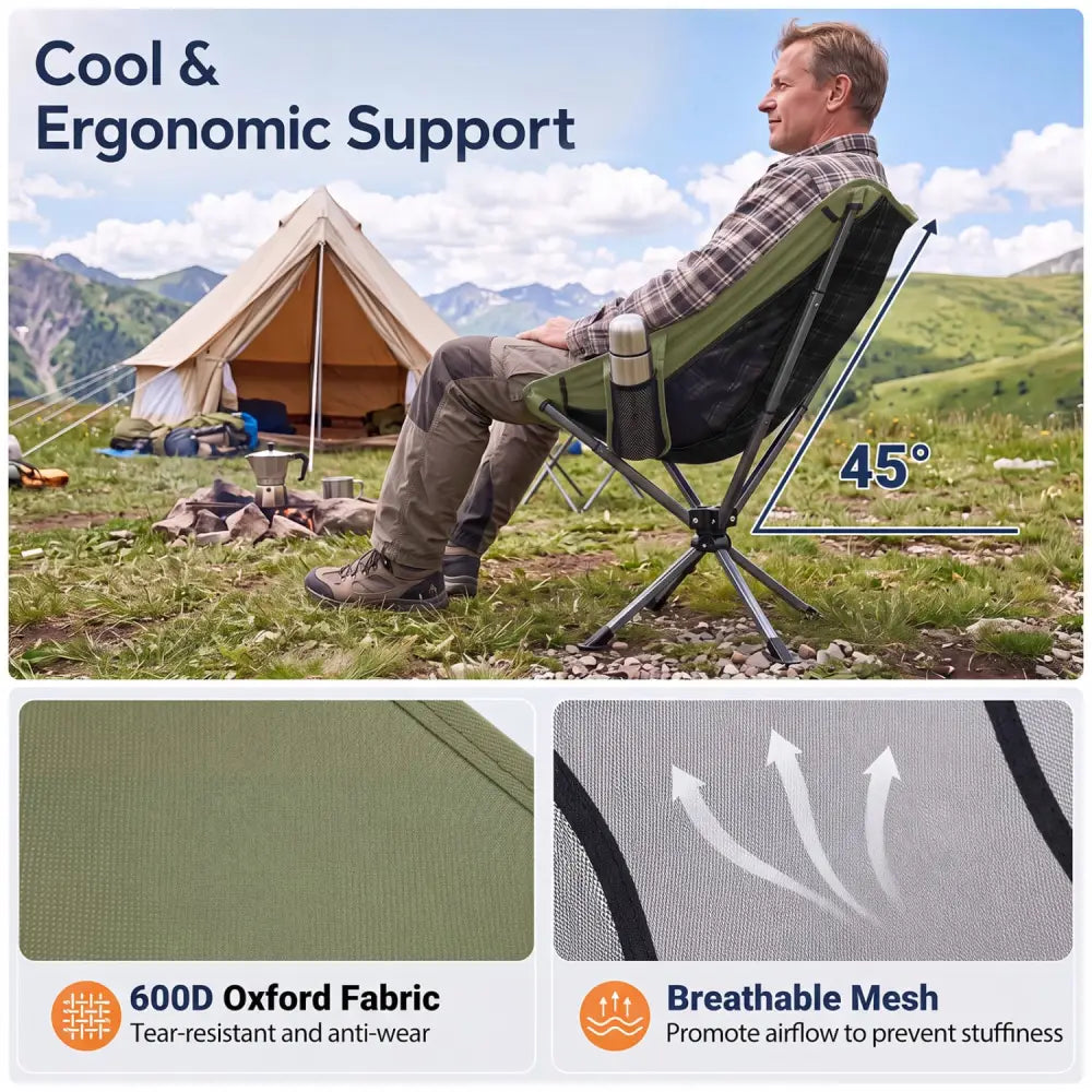 360° Swivel Camping Chair with Cup Holder and Side Pocket for Beach Support 300 LBS-Green - Green - Camping Furniture