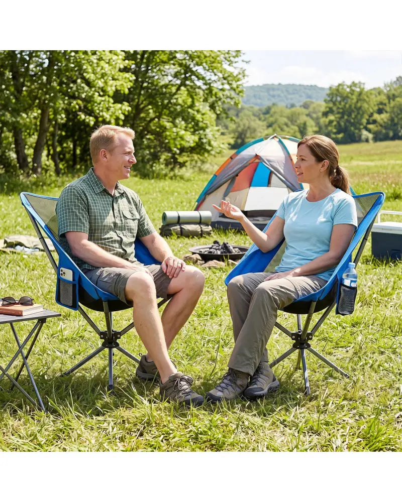360° Swivel Camping Chair with Cup Holder and Side Pocket for Beach Support 300 LBS-Blue - Blue - Camping Furniture