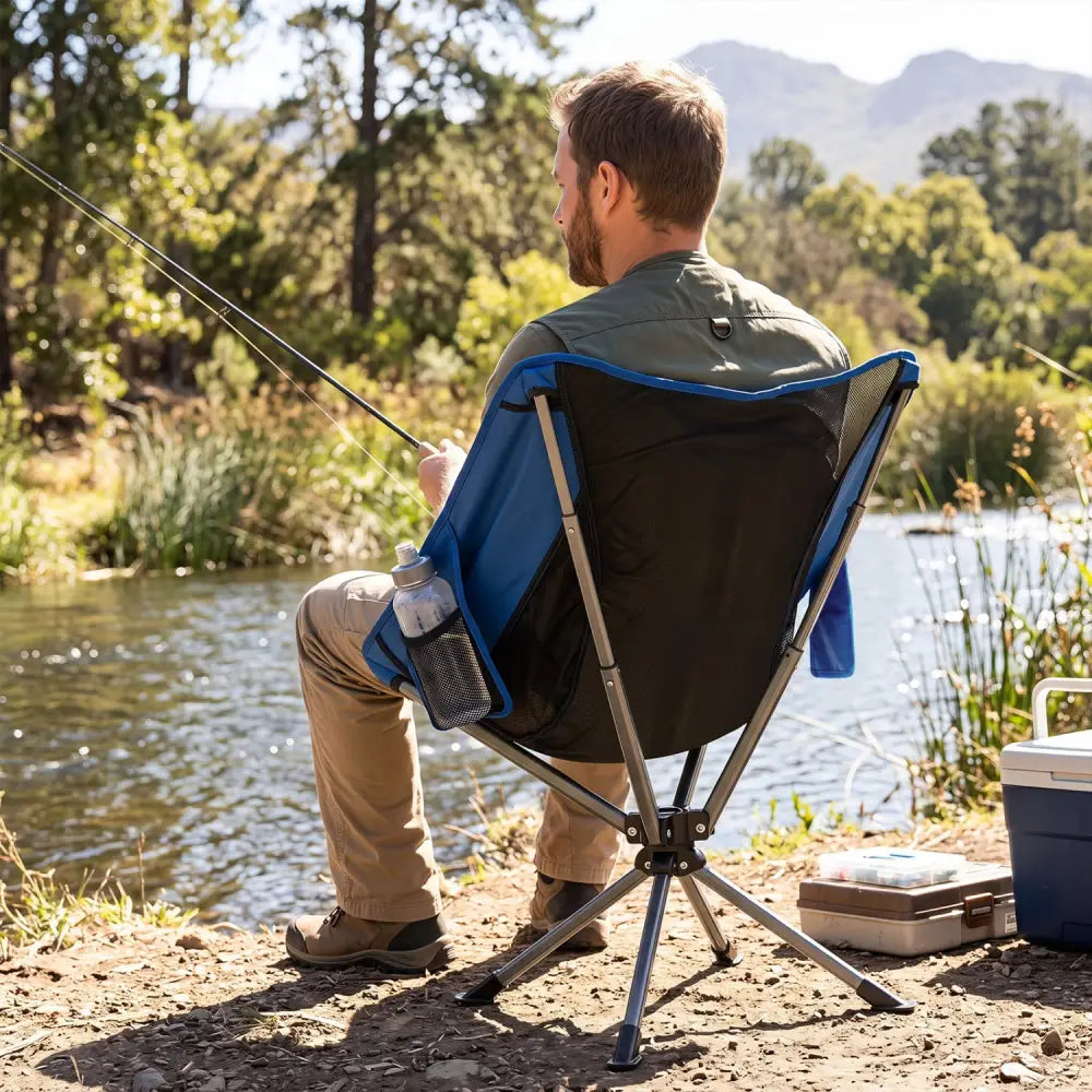 360° Swivel Camping Chair with Cup Holder and Side Pocket for Beach Support 300 LBS-Blue - Blue - Camping Furniture