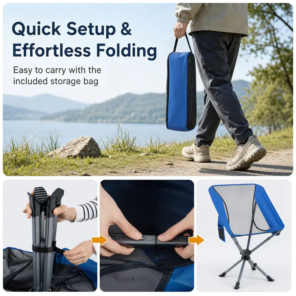 360° Swivel Camping Chair with Cup Holder and Side Pocket for Beach Support 300 LBS-Blue - Blue - Camping Furniture