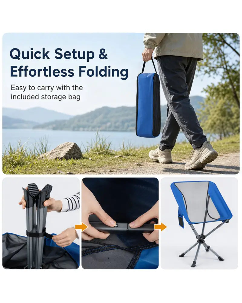 360° Swivel Camping Chair with Cup Holder and Side Pocket for Beach Support 300 LBS-Blue - Blue - Camping Furniture