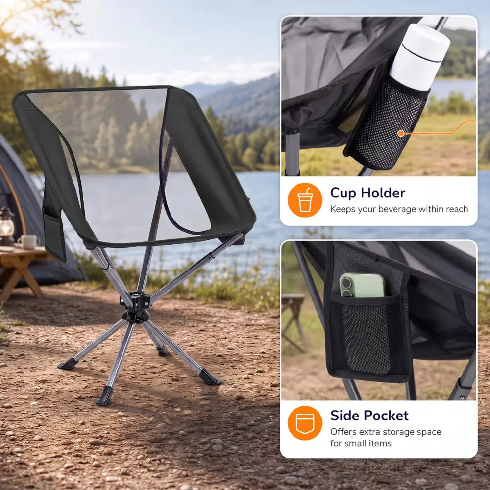 360° Swivel Camping Chair with Cup Holder and Side Pocket for Beach Support 300 LBS-Black - Black - Camping Furniture