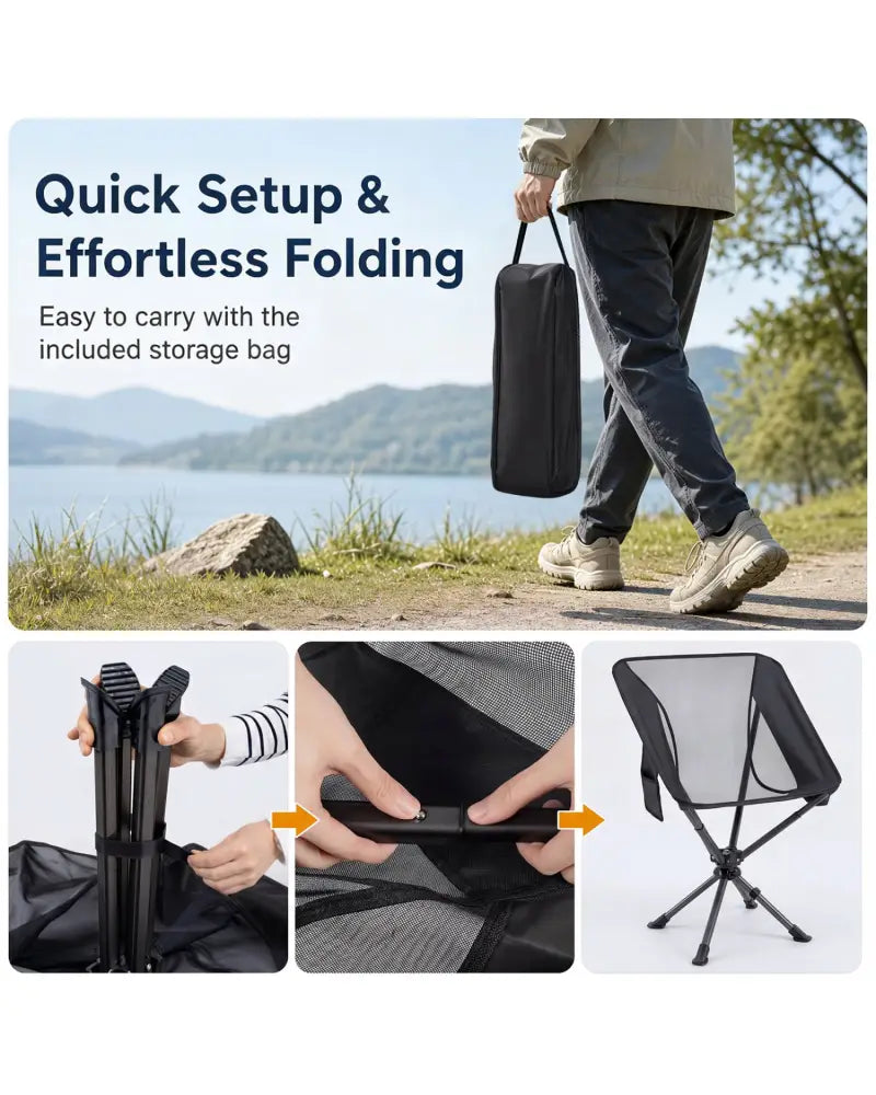 360° Swivel Camping Chair with Cup Holder and Side Pocket for Beach Support 300 LBS-Black - Black - Camping Furniture