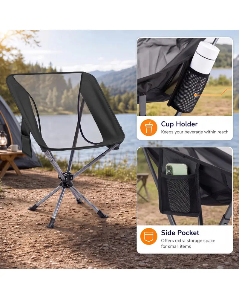 360° Swivel Camping Chair with Cup Holder and Side Pocket for Beach Support 300 LBS-Black - Black - Camping Furniture