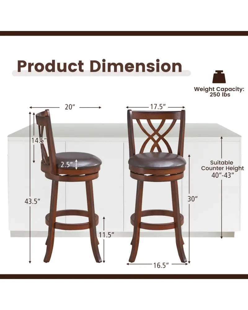360° Swivel Counter Height Chairs with PU Leather Cushioned Seat and Footrests-30 inches - Brown - Bar Stools