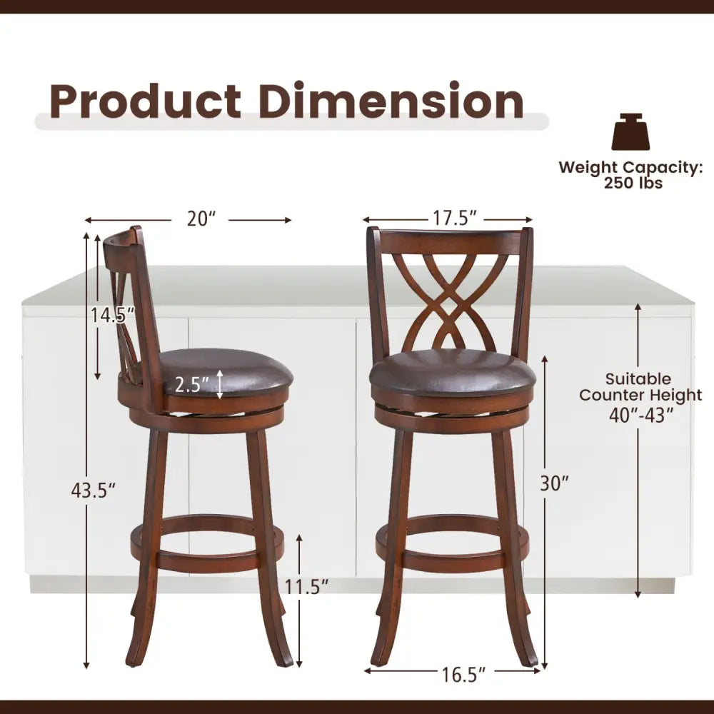 360° Swivel Counter Height Chairs with PU Leather Cushioned Seat and Footrests-30 inches - Brown - Bar Stools