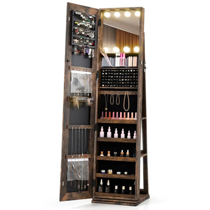 360° Swivel Freestanding Jewelry Cabinet with Lighted Full Length Mirror-Rustic Brown Costway