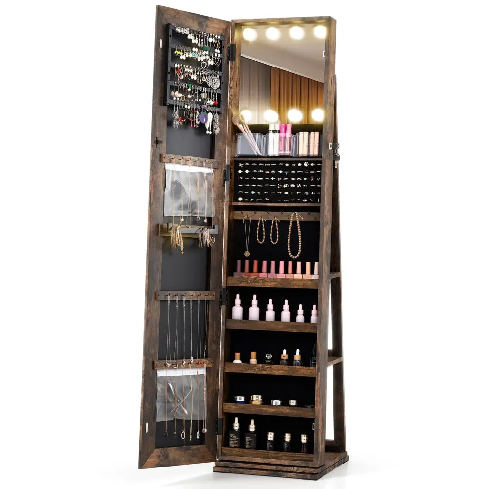 360° Swivel Freestanding Jewelry Cabinet with Lighted Full Length Mirror-Rustic Brown Costway