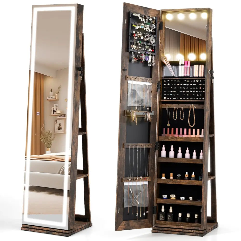 360° Swivel Freestanding Jewelry Cabinet with Lighted Full Length Mirror-Rustic Brown Costway
