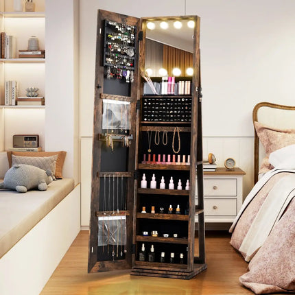 360° Swivel Freestanding Jewelry Cabinet with Lighted Full Length Mirror-Rustic Brown Costway
