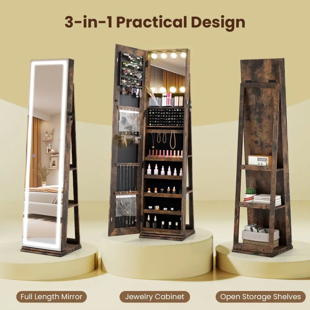 360° Swivel Freestanding Jewelry Cabinet with Lighted Full Length Mirror-Rustic Brown Costway