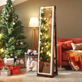 360° Swivel Freestanding Jewelry Cabinet with Lighted Full Length Mirror-Rustic Brown Costway