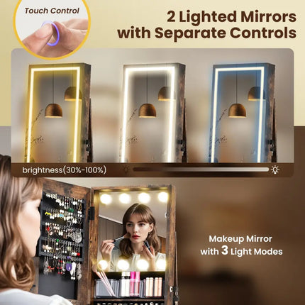 360° Swivel Freestanding Jewelry Cabinet with Lighted Full Length Mirror-Rustic Brown Costway