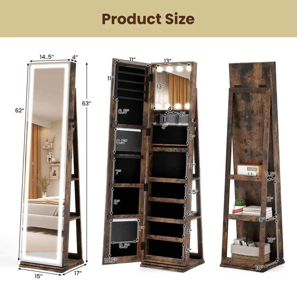 360° Swivel Freestanding Jewelry Cabinet with Lighted Full Length Mirror-Rustic Brown Costway