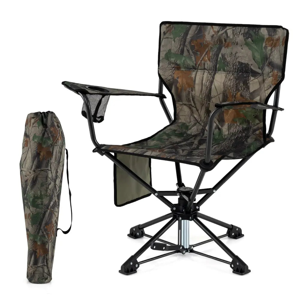 360° Swivel Hunting Chair Portable Foldable with Mesh Cup Holder and Storage Pockets-Green - Green - Camping Furniture