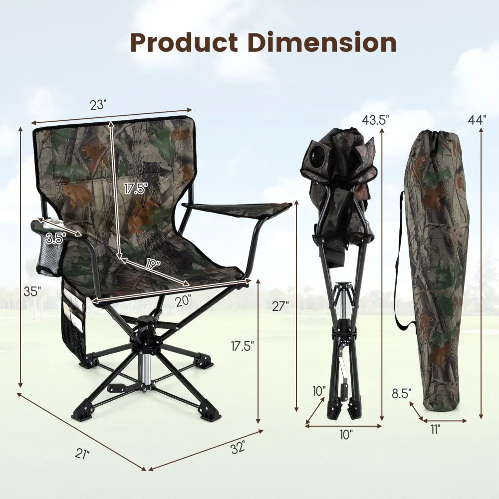 360° Swivel Hunting Chair Portable Foldable with Mesh Cup Holder and Storage Pockets-Green - Green - Camping Furniture
