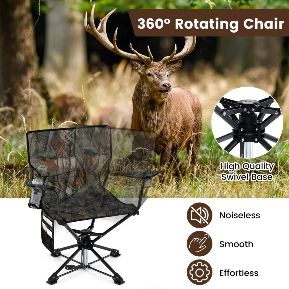 360° Swivel Hunting Chair Portable Foldable with Mesh Cup Holder and Storage Pockets-Green - Green - Camping Furniture