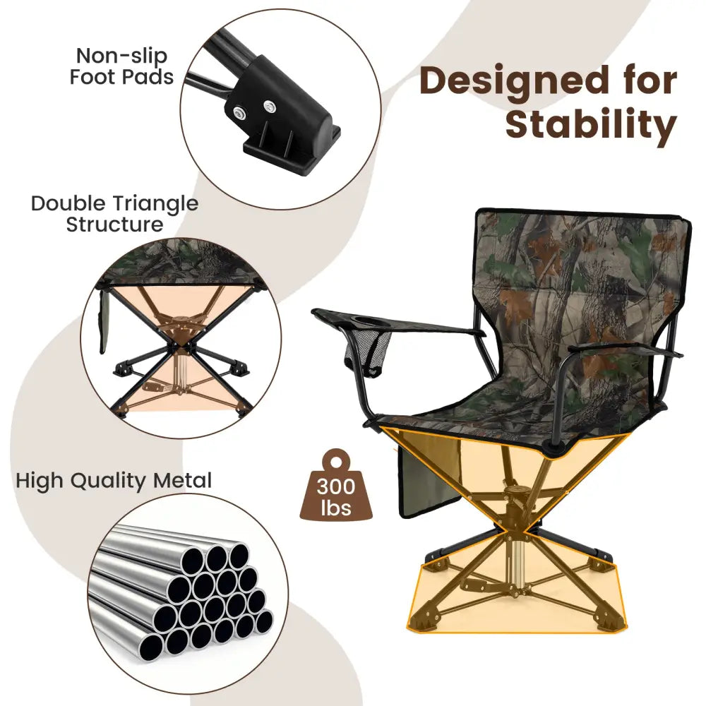 360° Swivel Hunting Chair Portable Foldable with Mesh Cup Holder and Storage Pockets-Green - Green - Camping Furniture