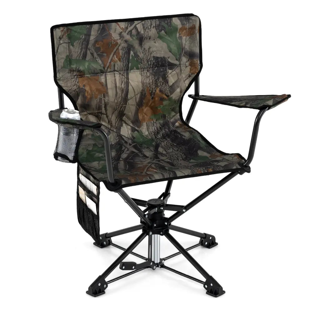 360° Swivel Hunting Chair Portable Foldable with Mesh Cup Holder and Storage Pockets-Green - Green - Camping Furniture