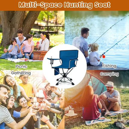 360° Swivel Hunting Chair Portable Foldable Hunting Chair with Mesh Cup Holder and Storage Pockets-Blue - Blue