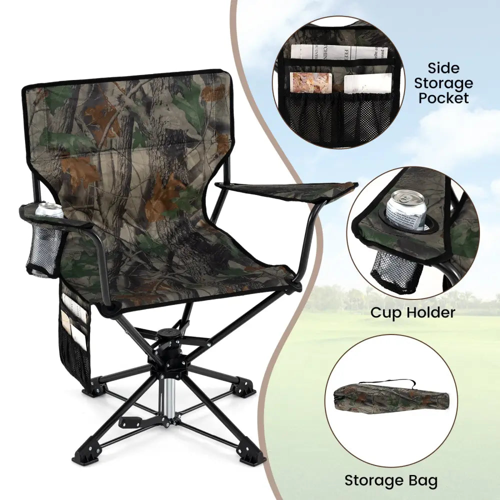 360° Swivel Hunting Chair Portable Foldable with Mesh Cup Holder and Storage Pockets-Green - Green - Camping Furniture