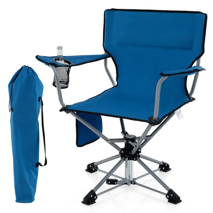 360° Swivel Hunting Chair Portable Foldable Hunting Chair with Mesh Cup Holder and Storage Pockets-Blue - Blue