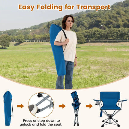 360° Swivel Hunting Chair Portable Foldable Hunting Chair with Mesh Cup Holder and Storage Pockets-Blue - Blue