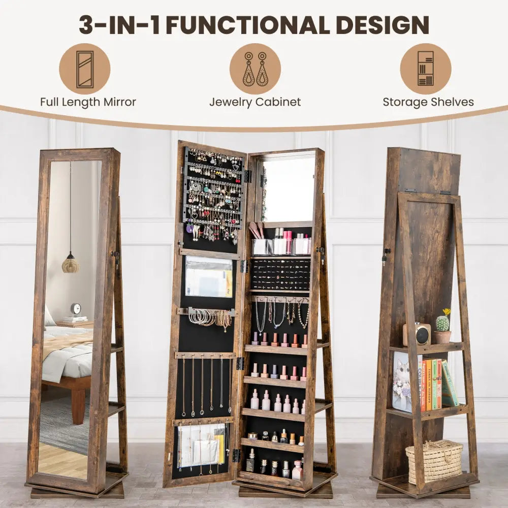 360° Swivel Jewelry Armoire Standing Jewelry Organizer with Full Length Mirror and Back Shelves-Rustic Brown - Rustic