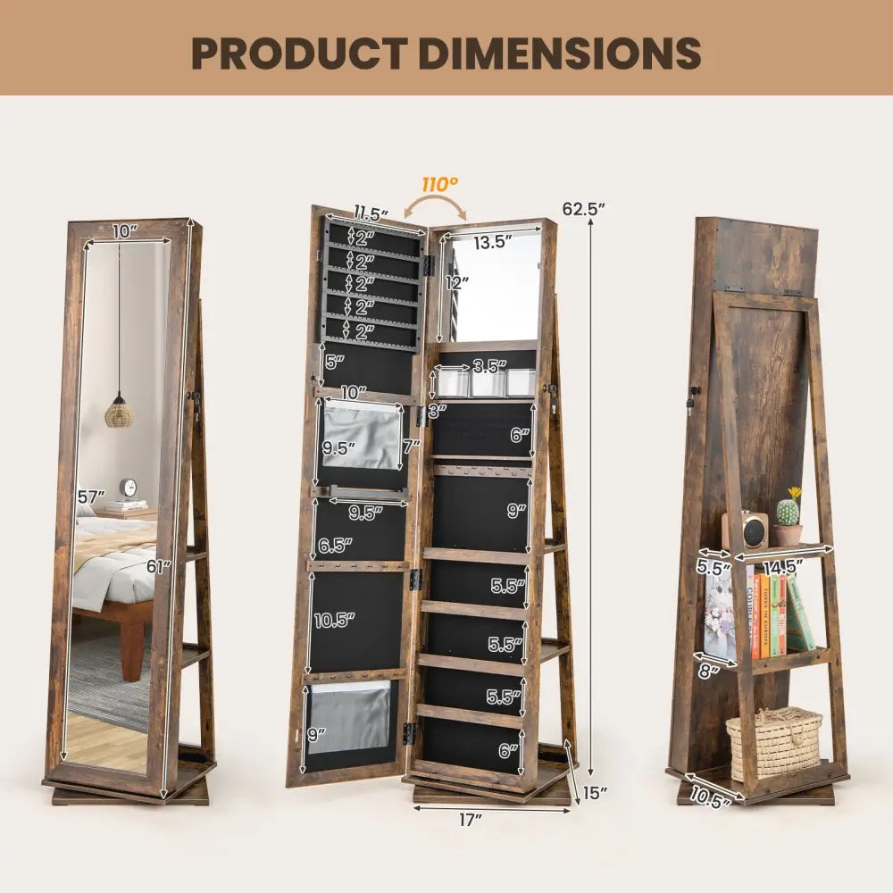 360° Swivel Jewelry Armoire Standing Jewelry Organizer with Full Length Mirror and Back Shelves-Rustic Brown - Rustic