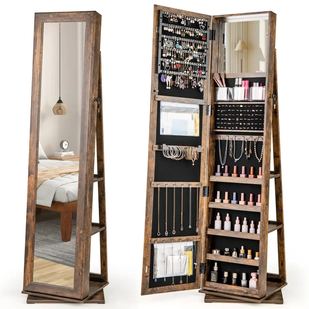 360° Swivel Jewelry Armoire Standing Jewelry Organizer with Full Length Mirror and Back Shelves-Rustic Brown - Rustic