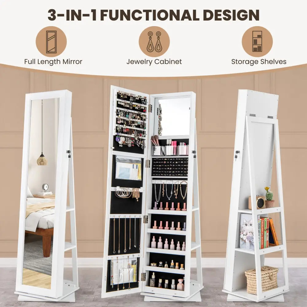 360° Swivel Jewelry Armoire Standing Jewelry Organizer with Full Length Mirror and Back Shelves-White - White - Jewelry