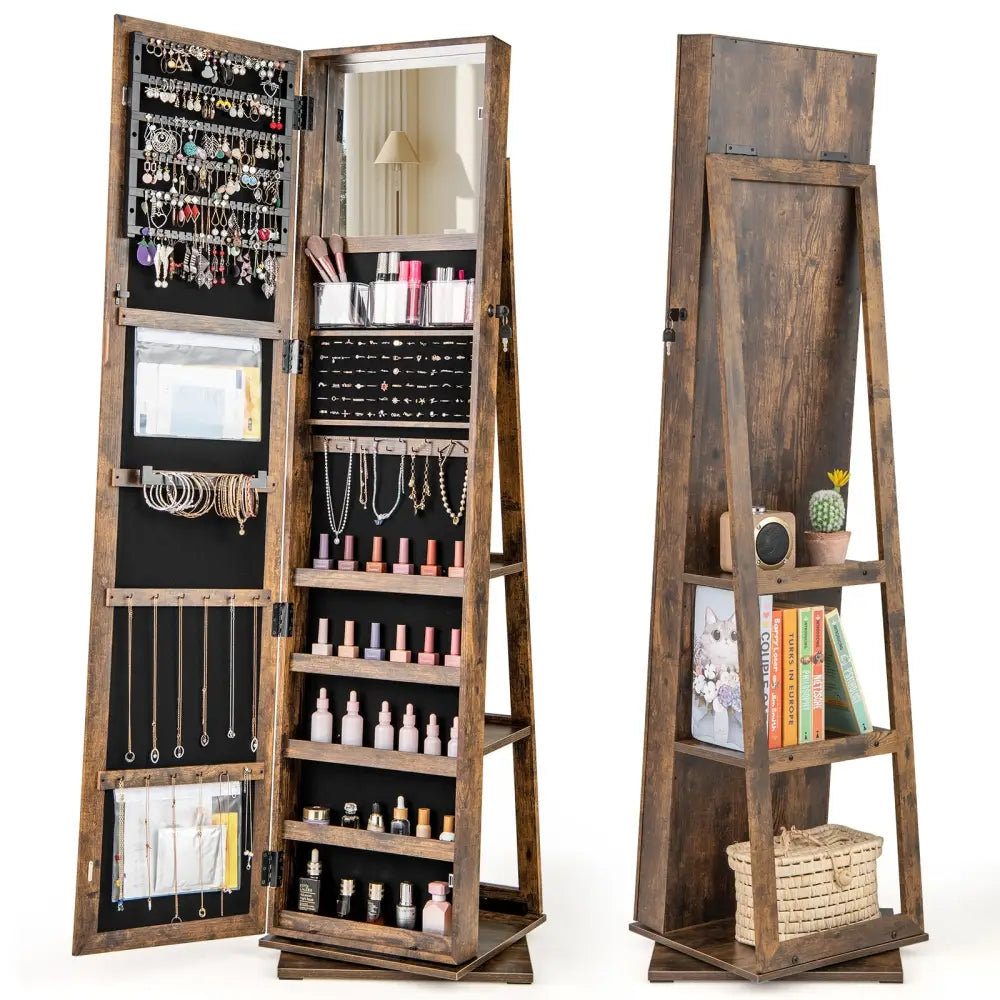 360° Swivel Jewelry Armoire Standing Jewelry Organizer with Full Length Mirror and Back Shelves-Rustic Brown - Rustic