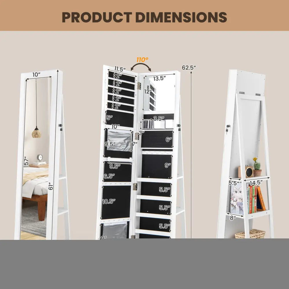 360° Swivel Jewelry Armoire Standing Jewelry Organizer with Full Length Mirror and Back Shelves-White - White - Jewelry