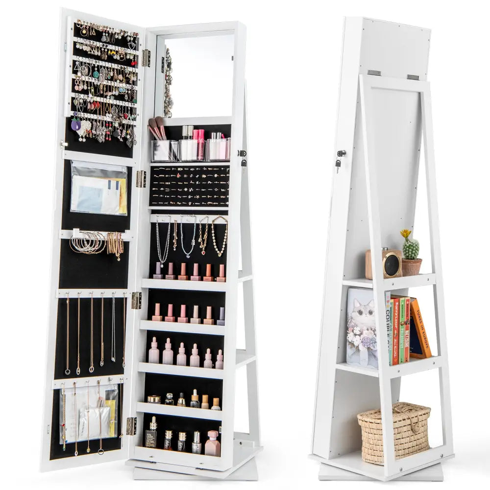 360° Swivel Jewelry Armoire Standing Jewelry Organizer with Full Length Mirror and Back Shelves-White - White - Jewelry