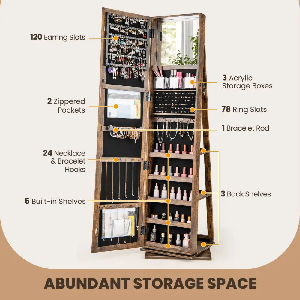 360° Swivel Jewelry Armoire Standing Jewelry Organizer with Full Length Mirror and Back Shelves-Rustic Brown - Rustic