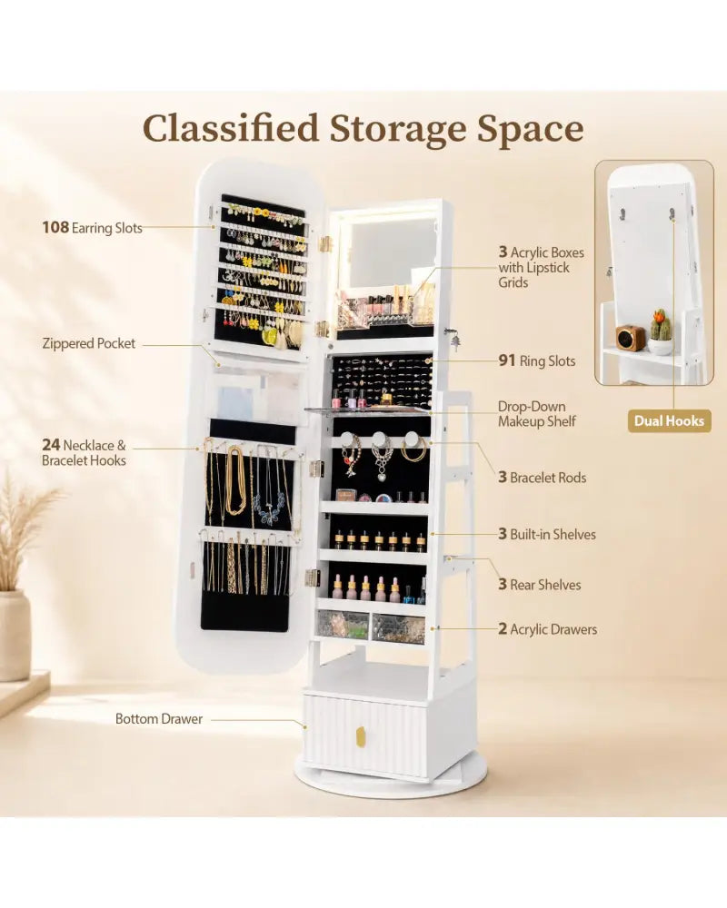 360° Swivel Jewelry Cabinet with Full-Length Mirror and Dual Hooks-White - White - Jewelry Armoires