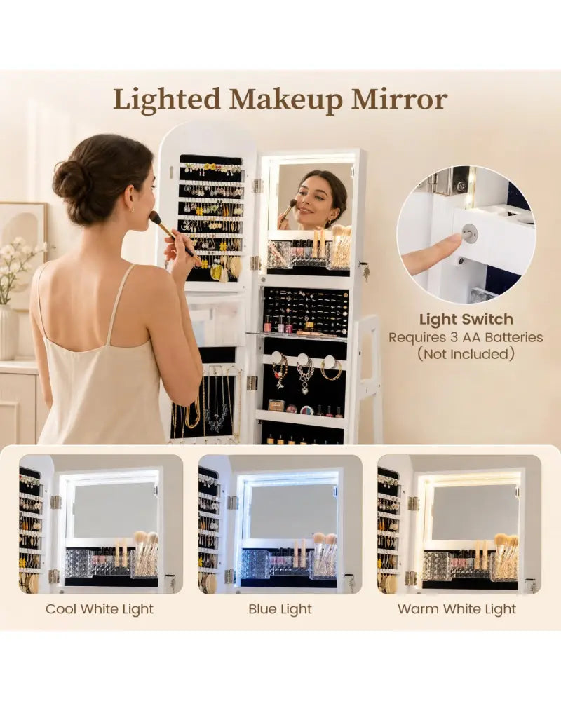360° Swivel Jewelry Cabinet with Full-Length Mirror and Dual Hooks-White - White - Jewelry Armoires