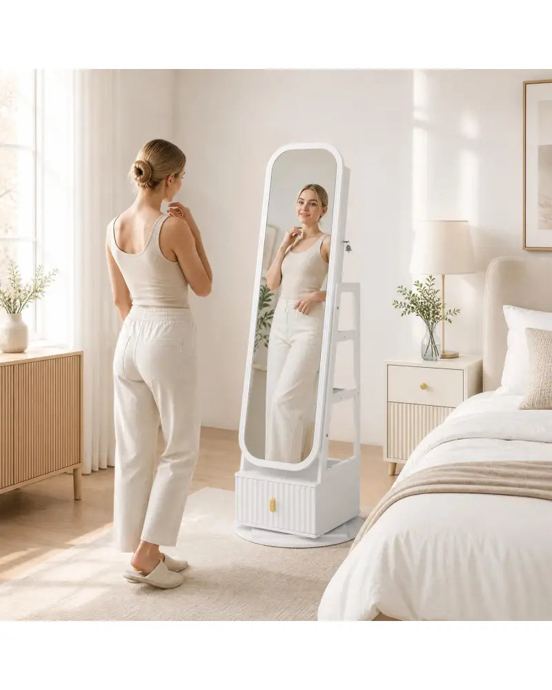 360° Swivel Jewelry Cabinet with Full-Length Mirror and Dual Hooks-White - White - Jewelry Armoires