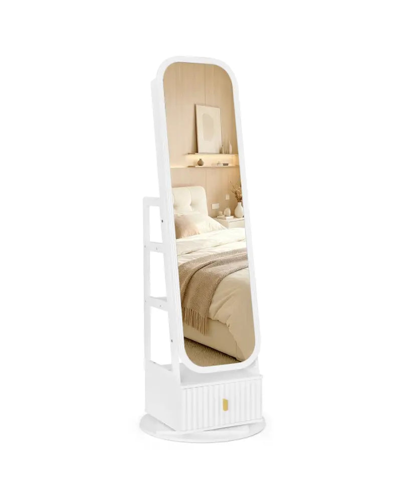 360° Swivel Jewelry Cabinet with Full-Length Mirror and Dual Hooks-White - White - Jewelry Armoires