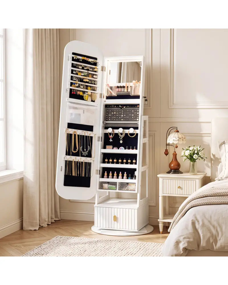360° Swivel Jewelry Cabinet with Full-Length Mirror and Dual Hooks-White - White - Jewelry Armoires