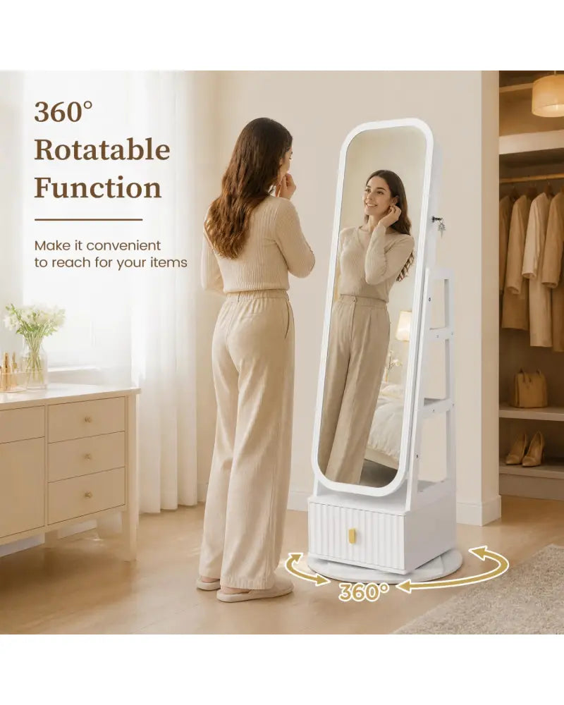 360° Swivel Jewelry Cabinet with Full-Length Mirror and Dual Hooks-White - White - Jewelry Armoires