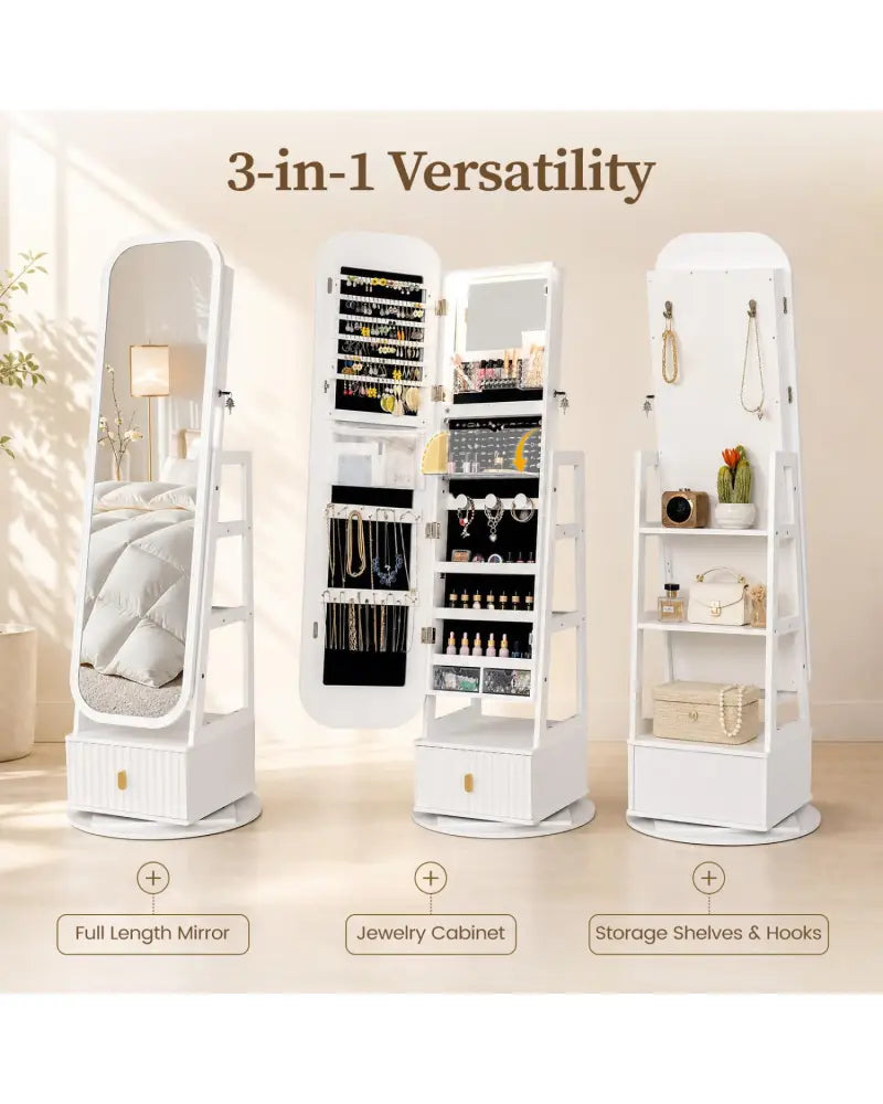 360° Swivel Jewelry Cabinet with Full-Length Mirror and Dual Hooks-White - White - Jewelry Armoires