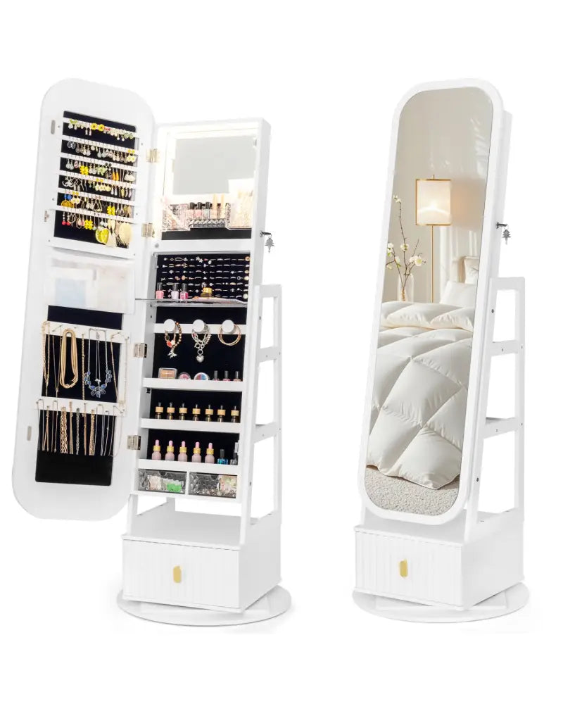 360° Swivel Jewelry Cabinet with Full-Length Mirror and Dual Hooks-White - White - Jewelry Armoires