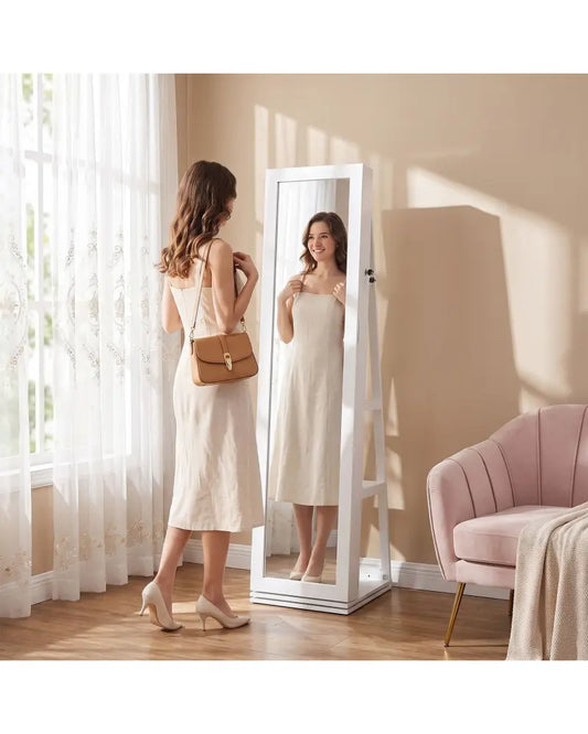 360° Swivel Jewelry Cabinet with Full-Length Mirror for Bedroom-White - White - Jewelry Armoires