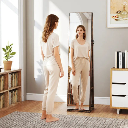 360° Swivel Jewelry Cabinet with Full Length Mirror-Rustic Brown Costway