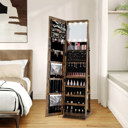 360° Swivel Jewelry Cabinet with Full Length Mirror-Rustic Brown Costway