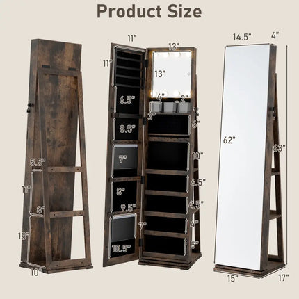 360° Swivel Jewelry Cabinet with Full Length Mirror-Rustic Brown Costway