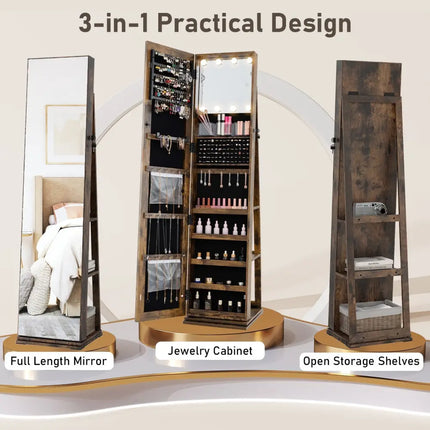 360° Swivel Jewelry Cabinet with Full Length Mirror-Rustic Brown Costway