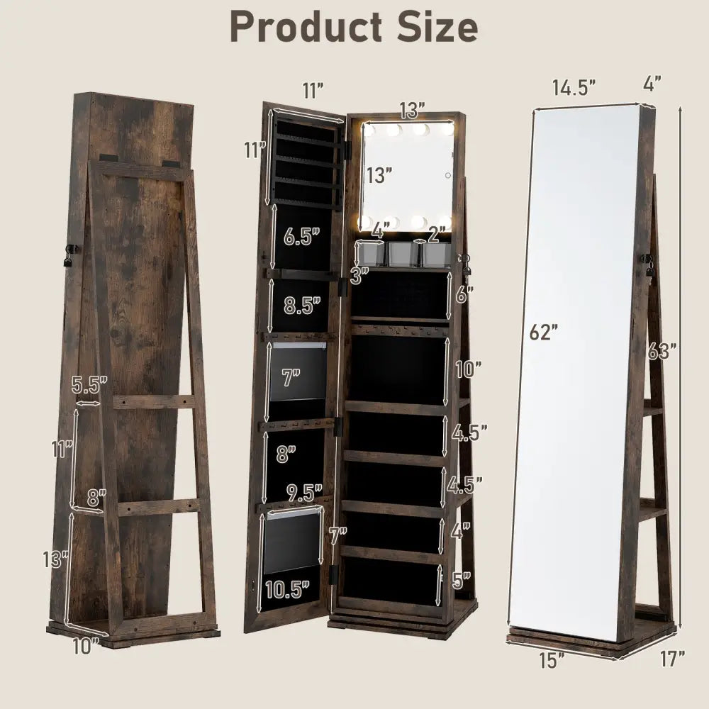 360° Swivel Jewelry Cabinet with Full Length Mirror-Rustic Brown - Rustic Brown - Jewelry Armoires